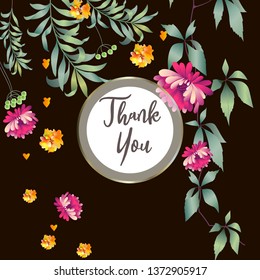 Botanic card with leaves, flowers. Spring ornament concept. Floral poster, invite. Vector layout decorative greeting card or invitation design background. Hand drawn illustration