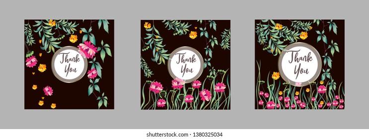 Botanic card with leaves, flowers. Spring ornament concept. Floral poster, invite. Vector layout decorative greeting card or invitation design background. Hand drawn illustration