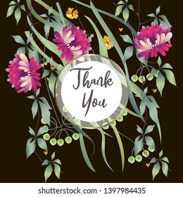 Botanic card with leaves, flowers. Spring ornament concept. Floral poster, invite. Vector layout decorative greeting card or invitation design background. Hand drawn illustration