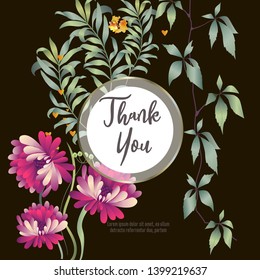 Botanic card with leaves, flowers. Spring ornament concept. Floral poster, invite. Vector layout decorative greeting card or invitation design background. Hand drawn illustration