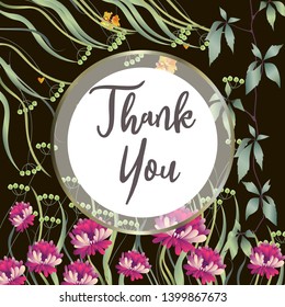 Botanic card with leaves, flowers. Spring ornament concept. Floral poster, invite. Vector layout decorative greeting card or invitation design background. Hand drawn illustration