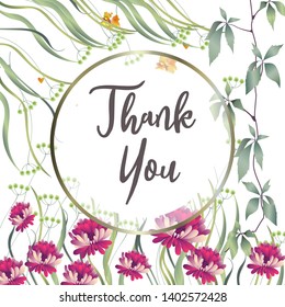 Botanic card with leaves, flowers. Spring ornament concept. Floral poster, invite. Vector layout decorative greeting card or invitation design background. Hand drawn illustration