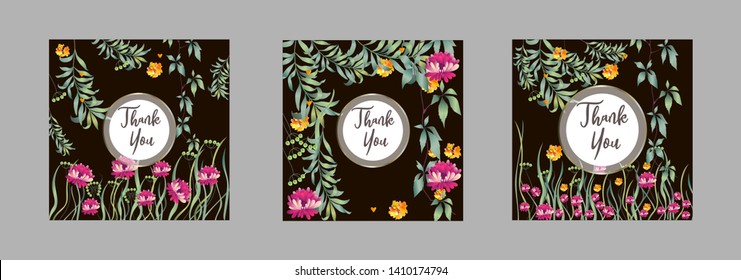 Botanic card with leaves, flowers. Spring ornament concept. Floral poster, invite. Vector layout decorative greeting card or invitation design background. Hand drawn illustration