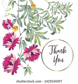 Botanic card with leaves, flowers. Spring ornament concept. Floral poster, invite. Vector layout decorative greeting card or invitation design background. Hand drawn illustration