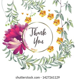 Botanic card with leaves, flowers. Spring ornament concept. Floral poster, invite. Vector layout decorative greeting card or invitation design background. Hand drawn illustration