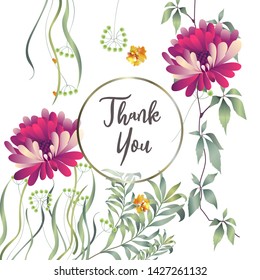 Botanic card with leaves, flowers. Spring ornament concept. Floral poster, invite. Vector layout decorative greeting card or invitation design background. Hand drawn illustration