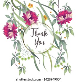 Botanic card with leaves, flowers. Spring ornament concept. Floral poster, invite. Vector layout decorative greeting card or invitation design background. Hand drawn illustration