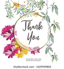 Botanic card with leaves, flowers. Spring ornament concept. Floral poster, invite. Vector layout decorative greeting card or invitation design background. Hand drawn illustration
