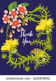 Botanic card with leaves, flowers. Spring ornament concept. Floral poster, invite. Vector layout decorative greeting card or invitation design background. Hand drawn illustration