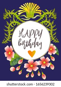 Botanic card with leaves, flowers. Spring ornament concept. Floral poster, invite. Vector layout decorative greeting card or invitation design background. Hand drawn illustration