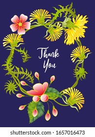 Botanic card with leaves, flowers. Spring ornament concept. Floral poster, invite. Vector layout decorative greeting card or invitation design background. Hand drawn illustration
