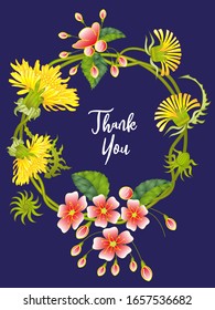 Botanic card with leaves, flowers. Spring ornament concept. Floral poster, invite. Vector layout decorative greeting card or invitation design background. Hand drawn illustration