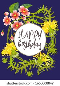 Botanic card with leaves, flowers. Spring ornament concept. Floral poster, invite. Vector layout decorative greeting card or invitation design background. Hand drawn illustration