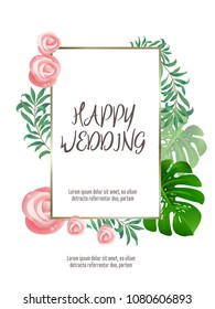 Botanic card with monstera leaf, flowers. Spring ornament concept. Floral poster, invite. Vector layout decorative greeting card or invitation design background. Hand drawn illustration