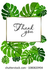 Botanic card with monstera leaf, flowers. Spring ornament concept. Floral poster, invite. Vector layout decorative greeting card or invitation design background. Hand drawn illustration