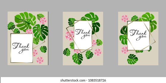 Botanic card with monstera leaf, flowers. Spring ornament concept. Floral poster, invite. Vector layout decorative greeting card or invitation design background. Hand drawn illustration