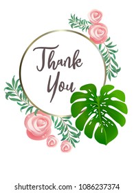 Botanic card with monstera leaf, flowers. Spring ornament concept. Floral poster, invite. Vector layout decorative greeting card or invitation design background. Hand drawn illustration