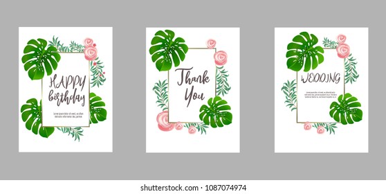 Botanic card with monstera leaf, flowers. Spring ornament concept. Floral poster, invite. Vector layout decorative greeting card or invitation design background. Hand drawn illustration