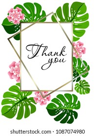 Botanic card with monstera leaf, flowers. Spring ornament concept. Floral poster, invite. Vector layout decorative greeting card or invitation design background. Hand drawn illustration