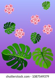 Botanic card with monstera leaf, flowers. Spring ornament concept. Floral poster, invite. Vector layout decorative greeting card or invitation design background. Hand drawn illustration