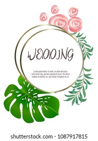 Botanic card with monstera leaf, flowers. Spring ornament concept. Floral poster, invite. Vector layout decorative greeting card or invitation design background. Hand drawn illustration