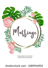 Botanic card with monstera leaf, flowers. Spring ornament concept. Floral poster, invite. Vector layout decorative greeting card or invitation design background. Hand drawn illustration