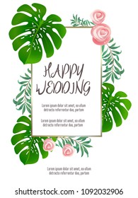 Botanic card with monstera leaf, flowers. Spring ornament concept. Floral poster, invite. Vector layout decorative greeting card or invitation design background. Hand drawn illustration
