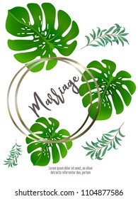 Botanic card with monstera leaf, flowers. Spring ornament concept. Floral poster, invite. Vector layout decorative greeting card or invitation design background. Hand drawn illustration