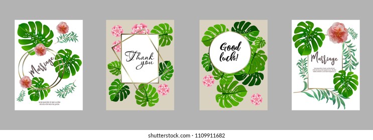 Botanic card with monstera leaf, flowers. Spring ornament concept. Floral poster, invite. Vector layout decorative greeting card or invitation design background. Hand drawn illustration