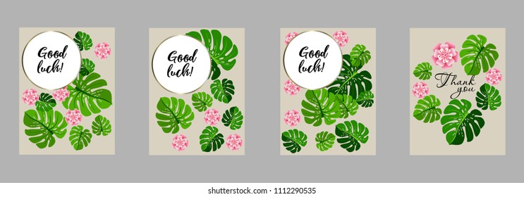 Botanic card with monstera leaf, flowers. Spring ornament concept. Floral poster, invite. Vector layout decorative greeting card or invitation design background. Hand drawn illustration
