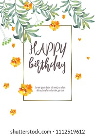Botanic card with monstera leaf, flowers. Spring ornament concept. Floral poster, invite. Vector layout decorative greeting card or invitation design background. Hand drawn illustration