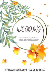 Botanic card with monstera leaf, flowers. Spring ornament concept. Floral poster, invite. Vector layout decorative greeting card or invitation design background. Hand drawn illustration
