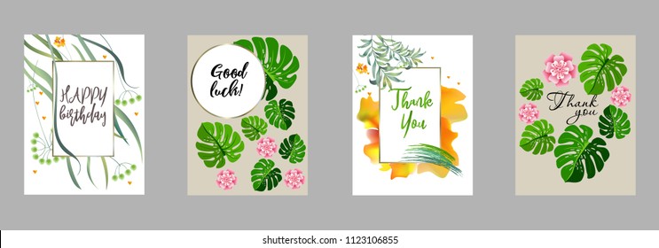 Botanic card with monstera leaf, flowers. Spring ornament concept. Floral poster, invite. Vector layout decorative greeting card or invitation design background. Hand drawn illustration