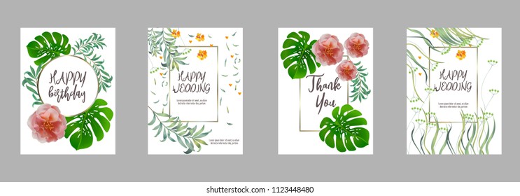 Botanic card with monstera leaf, flowers. Spring ornament concept. Floral poster, invite. Vector layout decorative greeting card or invitation design background. Hand drawn illustration