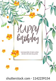 Botanic card with monstera leaf, flowers. Spring ornament concept. Floral poster, invite. Vector layout decorative greeting card or invitation design background. Hand drawn illustration