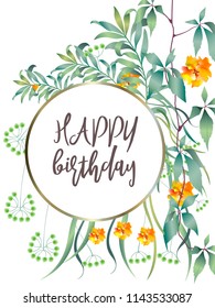 Botanic card with monstera leaf, flowers. Spring ornament concept. Floral poster, invite. Vector layout decorative greeting card or invitation design background. Hand drawn illustration