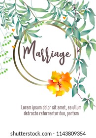 Botanic card with monstera leaf, flowers. Spring ornament concept. Floral poster, invite. Vector layout decorative greeting card or invitation design background. Hand drawn illustration