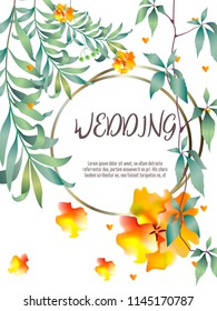 Botanic card with monstera leaf, flowers. Spring ornament concept. Floral poster, invite. Vector layout decorative greeting card or invitation design background. Hand drawn illustration