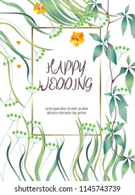 Botanic card with monstera leaf, flowers. Spring ornament concept. Floral poster, invite. Vector layout decorative greeting card or invitation design background. Hand drawn illustration