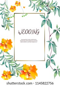 Botanic card with monstera leaf, flowers. Spring ornament concept. Floral poster, invite. Vector layout decorative greeting card or invitation design background. Hand drawn illustration