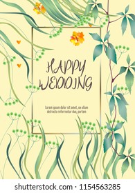 Botanic card with monstera leaf, flowers. Spring ornament concept. Floral poster, invite. Vector layout decorative greeting card or invitation design background. Hand drawn illustration