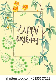 Botanic card with monstera leaf, flowers. Spring ornament concept. Floral poster, invite. Vector layout decorative greeting card or invitation design background. Hand drawn illustration