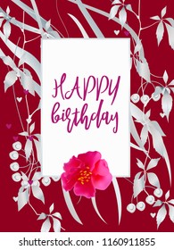 Botanic card with monstera leaf, flowers. Spring ornament concept. Floral poster, invite. Vector layout decorative greeting card or invitation design background. Hand drawn illustration