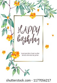 Botanic card with monstera leaf, flowers. Spring ornament concept. Floral poster, invite. Vector layout decorative greeting card or invitation design background. Hand drawn illustration
