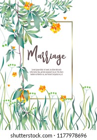 Botanic card with monstera leaf, flowers. Spring ornament concept. Floral poster, invite. Vector layout decorative greeting card or invitation design background. Hand drawn illustration