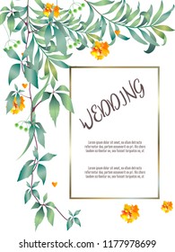 Botanic card with monstera leaf, flowers. Spring ornament concept. Floral poster, invite. Vector layout decorative greeting card or invitation design background. Hand drawn illustration
