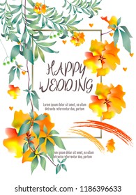 Botanic card with monstera leaf, flowers. Spring ornament concept. Floral poster, invite. Vector layout decorative greeting card or invitation design background. Hand drawn illustration