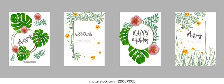 Botanic card with monstera leaf, flowers. Spring ornament concept. Floral poster, invite. Vector layout decorative greeting card or invitation design background. Hand drawn illustration