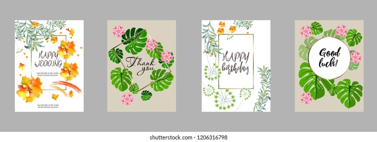 Botanic card with monstera leaf, flowers. Spring ornament concept. Floral poster, invite. Vector layout decorative greeting card or invitation design background. Hand drawn illustration