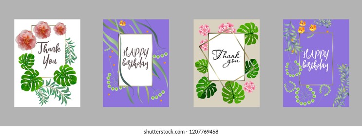 Botanic card with monstera leaf, flowers. Spring ornament concept. Floral poster, invite. Vector layout decorative greeting card or invitation design background. Hand drawn illustration